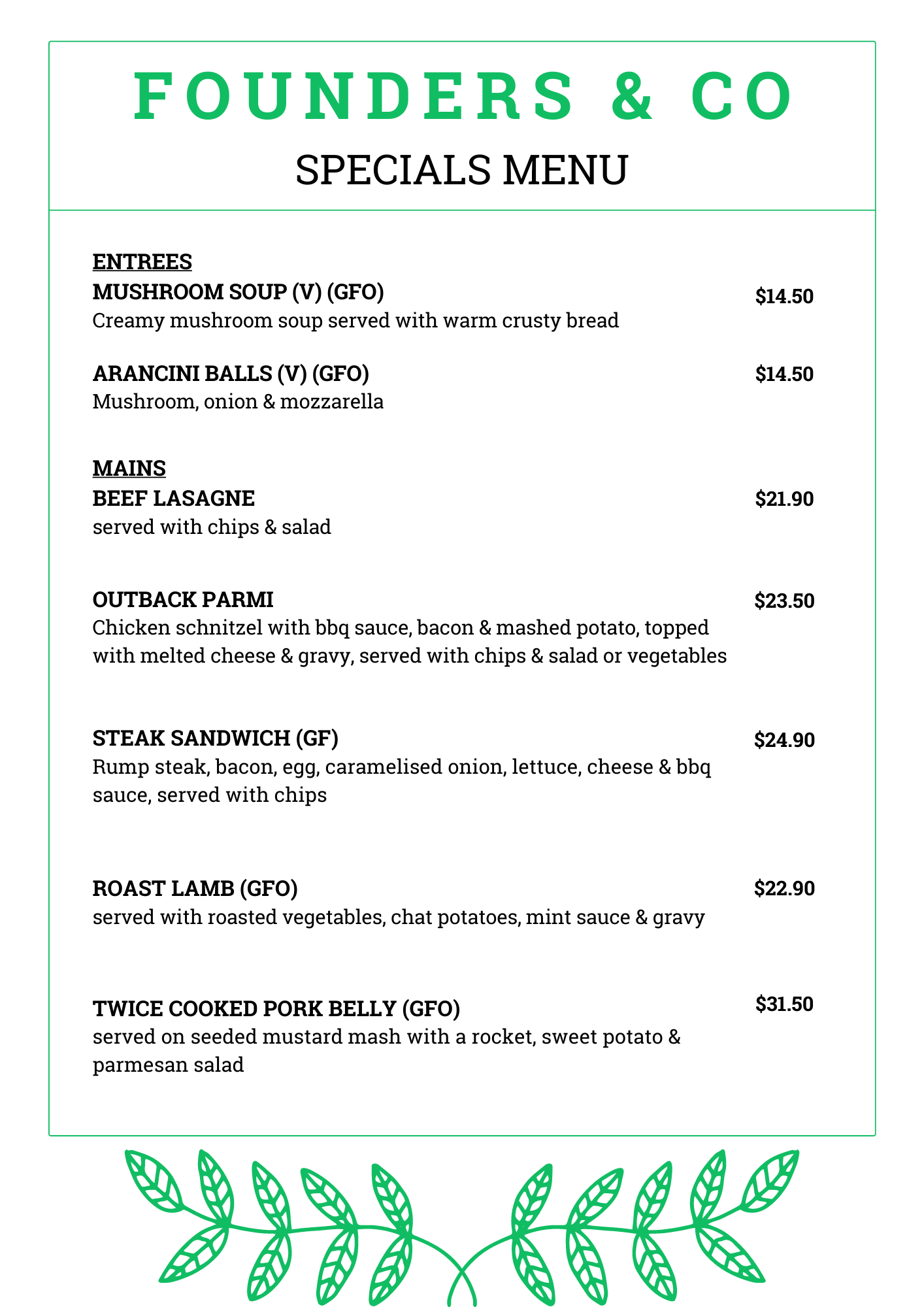 Menus - Founders &amp; Co | Family friendly contemporary Australian ...